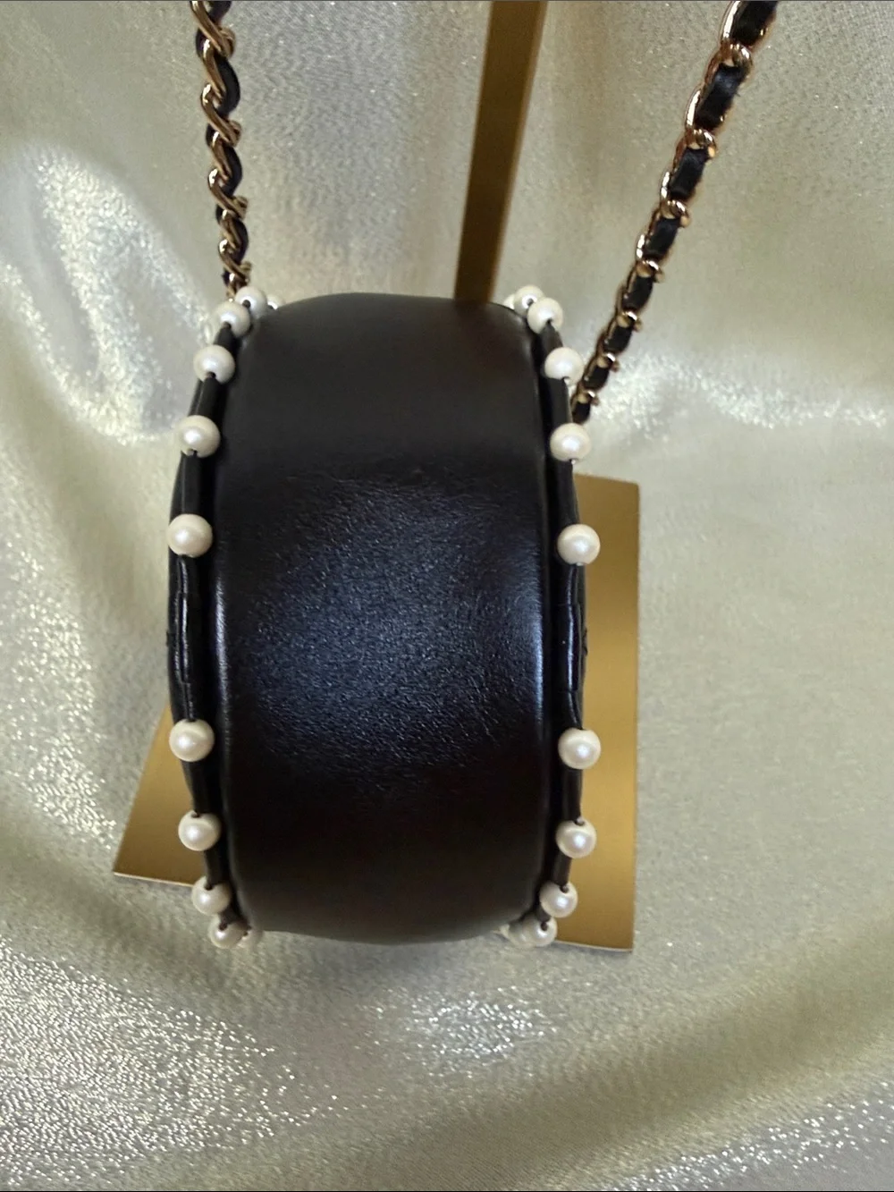 CHANEL Black Lambskin Quilted Round Crossbody with Pearl Trim with Chain